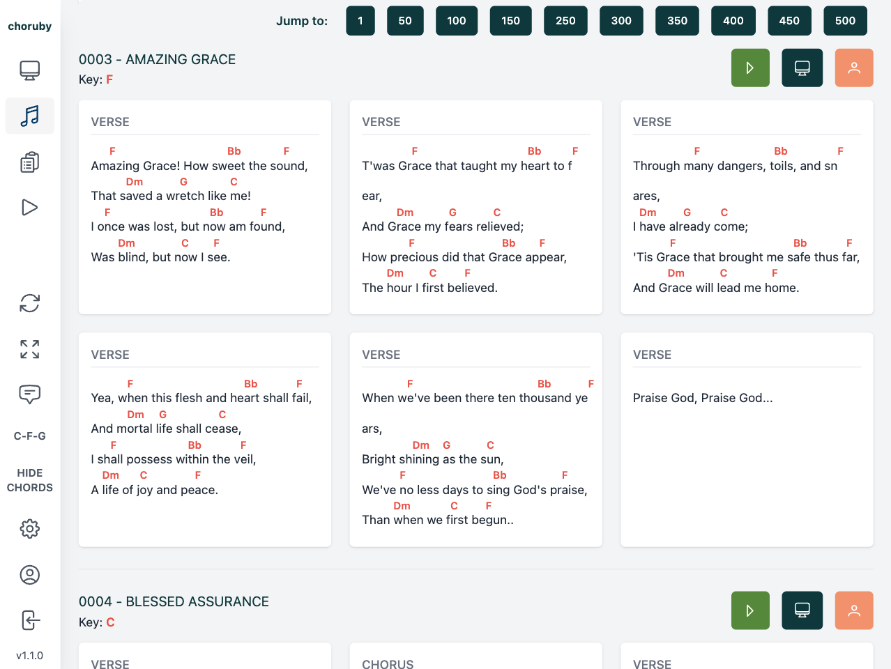 Unique songbook view with chords and lyrics