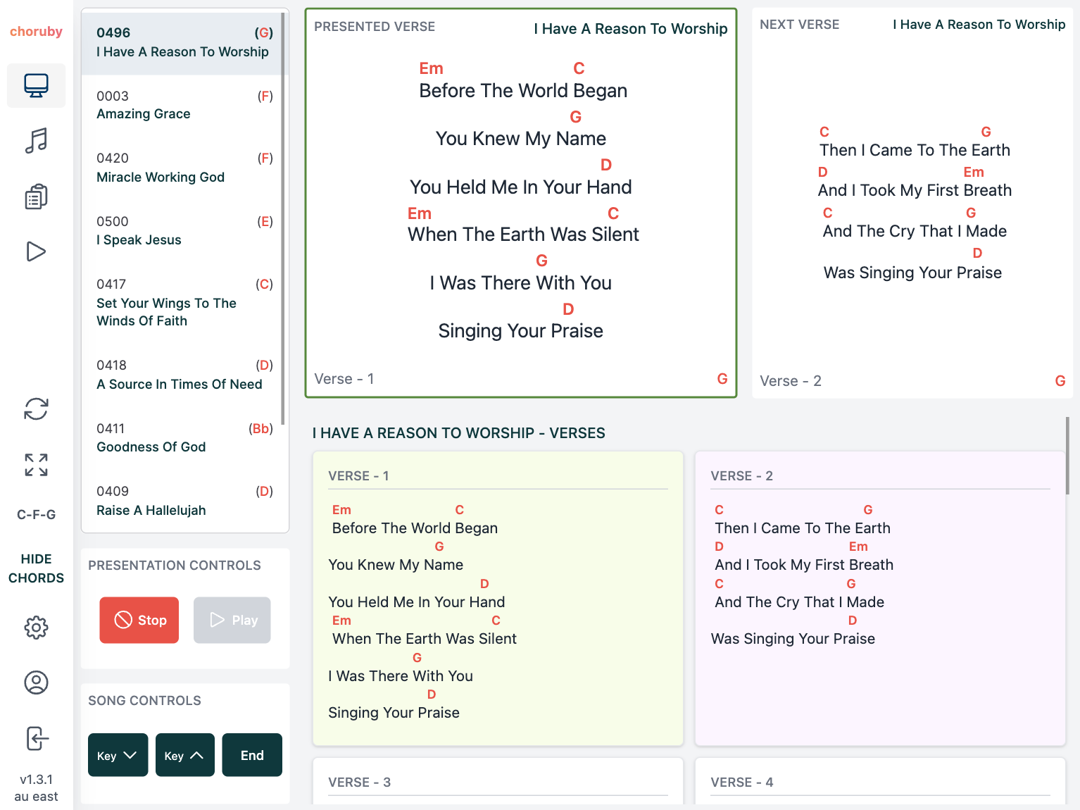 Choruby Dashboard view with chords