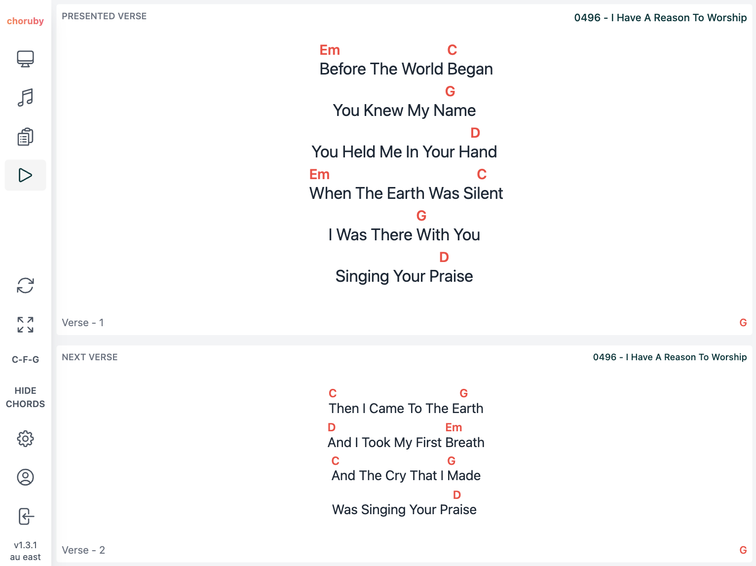 Choruby Dashboard view without chords