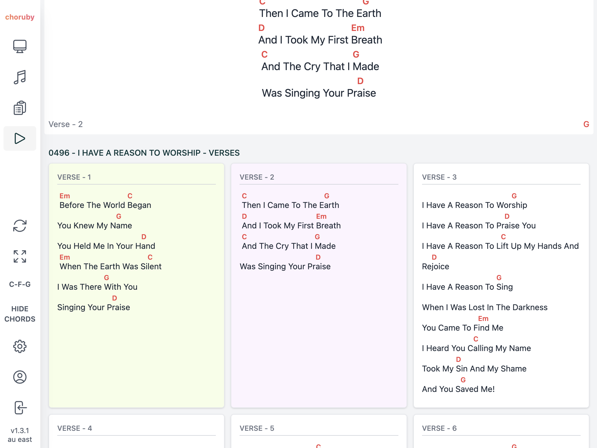 Choruby Dashboard view without chords