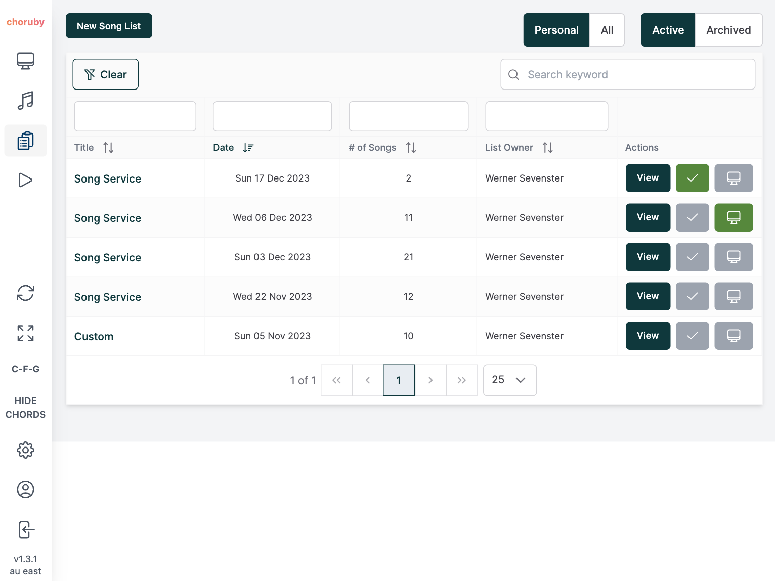 Choruby Dashboard view without chords